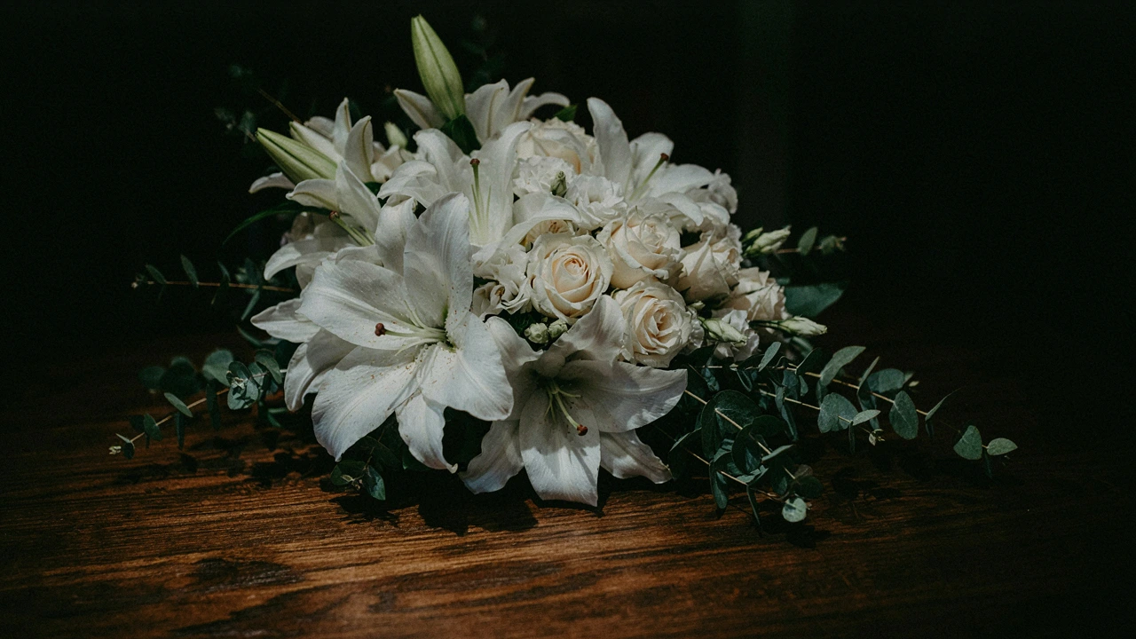 Composizione floreale funebre con gigli e rose bianche